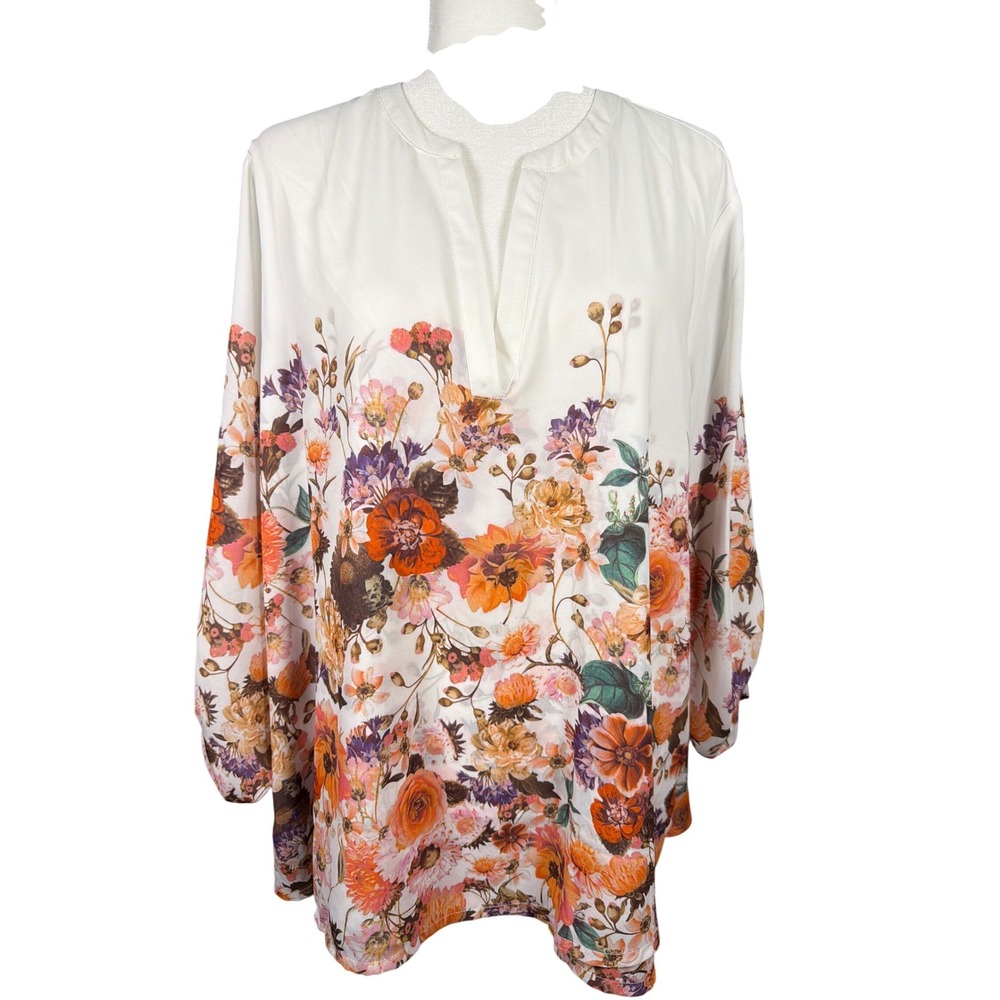Norm Thompson Women 1X White Floral Border Print Split Neck Rolltab Tunic Blouse